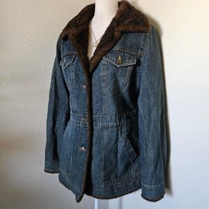 Marvin Richards Womens Denim Faux Fur Trim Jacket Coat